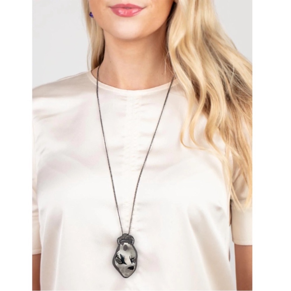 Alexis Bittar Gunmetal Crystal Encrusted Long Crumpled Pendant Necklace